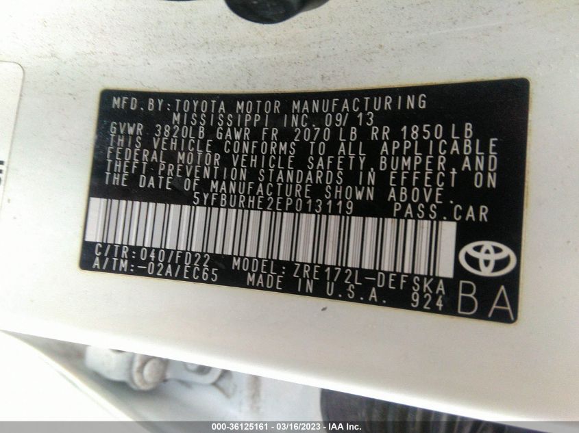 2014 TOYOTA COROLLA L/LE/S/S PLUS/LE PLUS - 5YFBURHE2EP013119