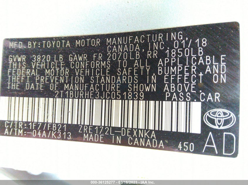 VIN 2T1BURHE3JC051839 2018 TOYOTA COROLLA L/LE/XLE/SE/XSE