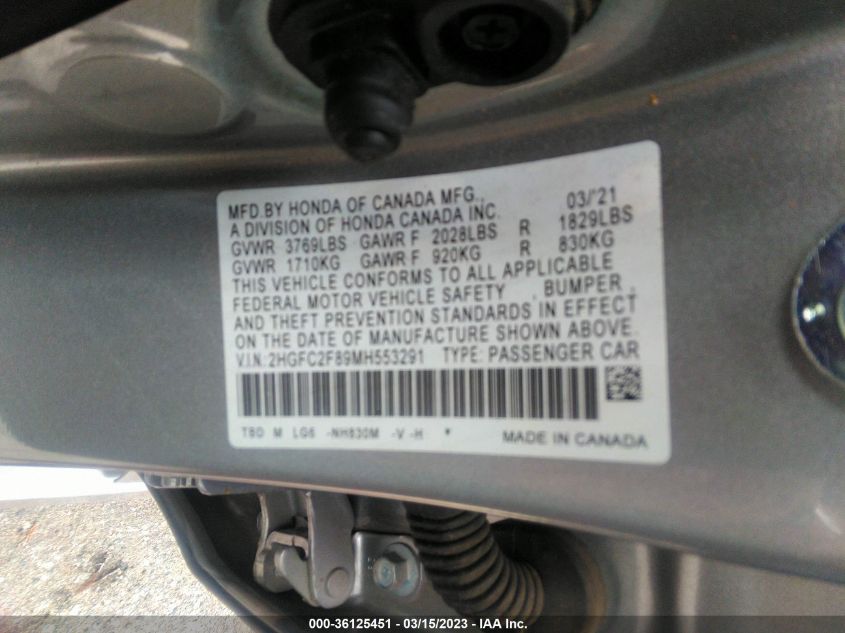 2021 HONDA CIVIC SEDAN SPORT - 2HGFC2F89MH553291
