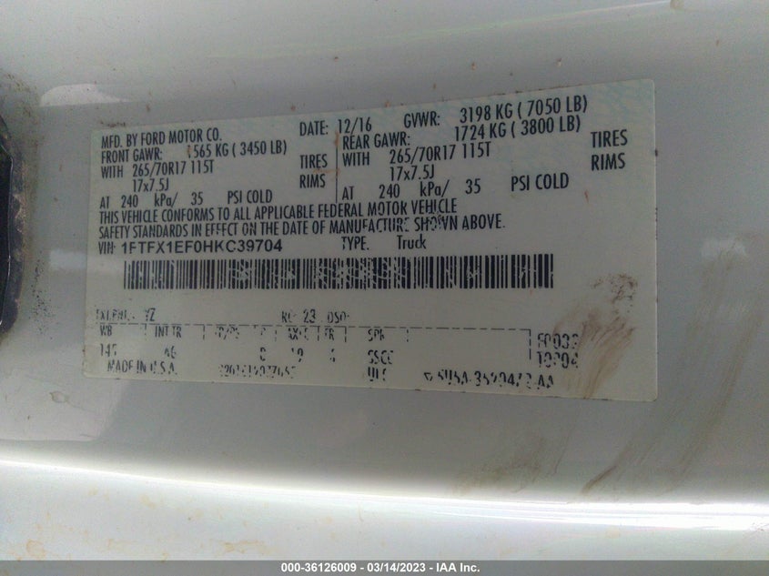 VIN 1FTFX1EF0HKC39704 2017 FORD F-150 XL/XLT/LARIAT