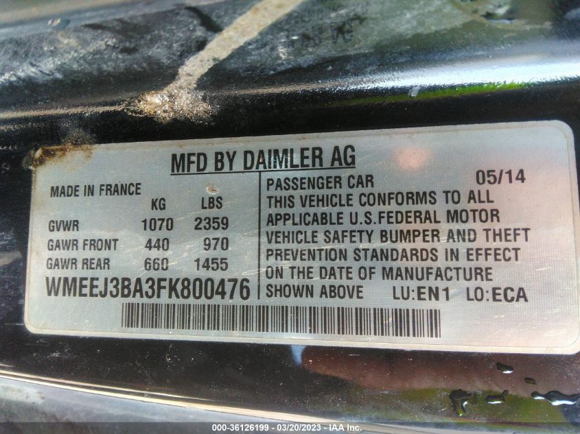 2015 SMART FORTWO PASSION/PURE WMEEJ3BA3FK800476