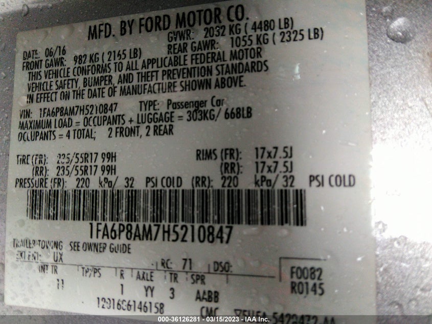 VIN 1FA6P8AM7H5210847 2017 FORD MUSTANG V6