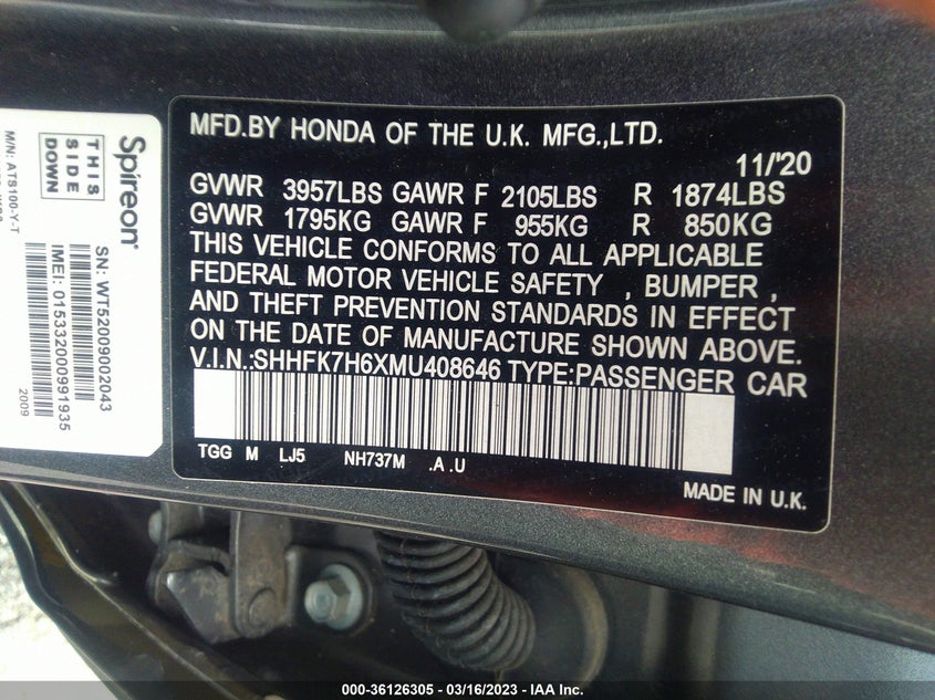 VIN SHHFK7H6XMU408646 2021 HONDA CIVIC HATCHBACK EX