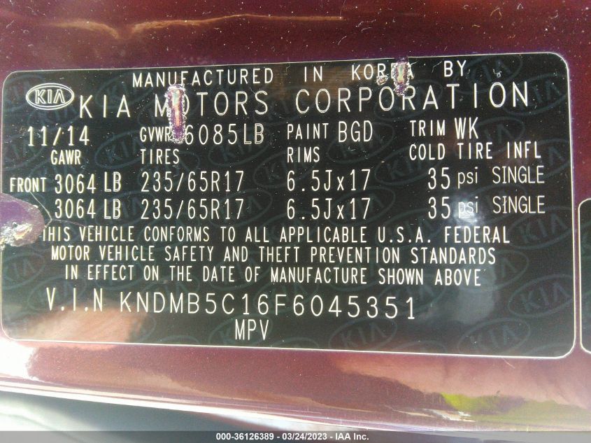 2015 KIA SEDONA LX - KNDMB5C16F6045351