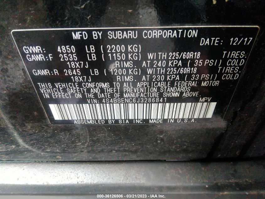 2018 SUBARU OUTBACK LIMITED - 4S4BSENC6J3286841
