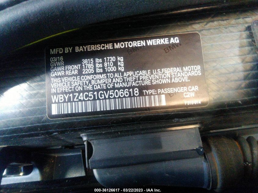 2016 BMW I3 WBY1Z4C51GV506618