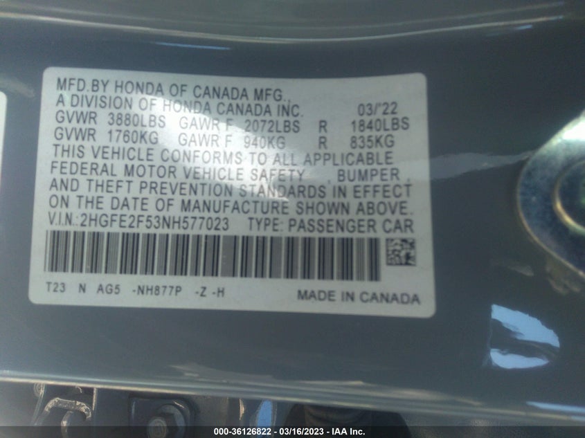 VIN 2HGFE2F53NH577023 2022 HONDA CIVIC SEDAN SPORT