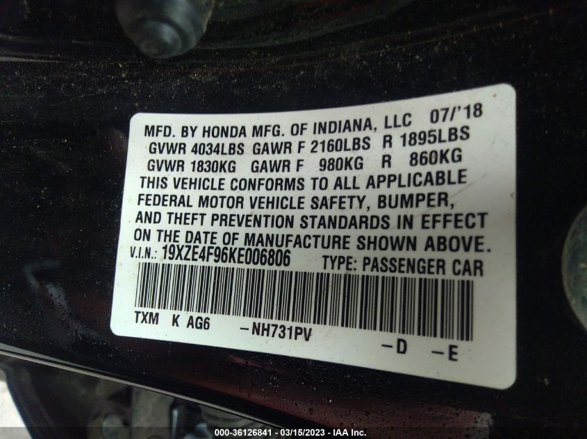 2019 HONDA INSIGHT TOURING 19XZE4F96KE006806