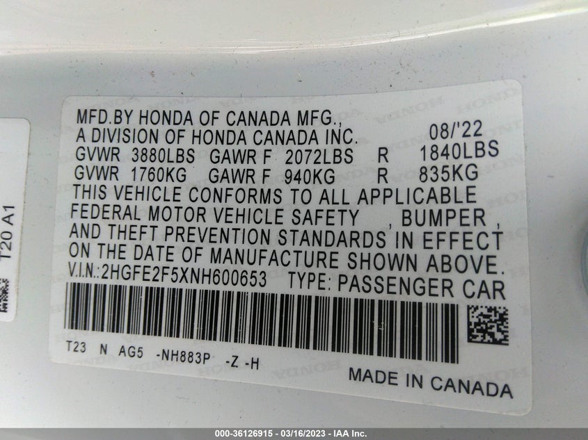 VIN 2HGFE2F5XNH600653 2022 HONDA CIVIC SEDAN SPORT