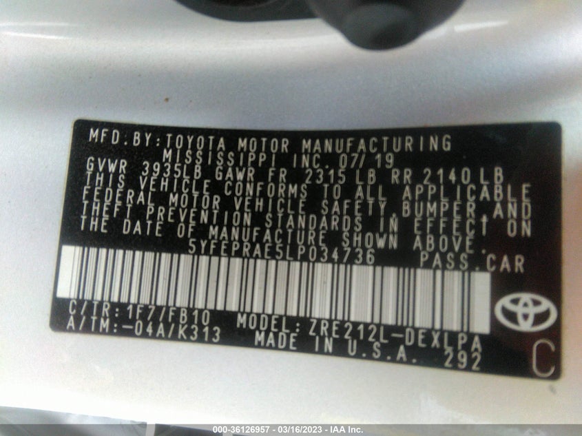 VIN 5YFEPRAE5LP034736 2020 TOYOTA COROLLA LE