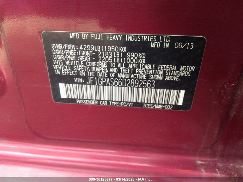 2013 SUBARU IMPREZA WAGON 2.0I SPORT LIMITED - JF1GPAS66D2892563