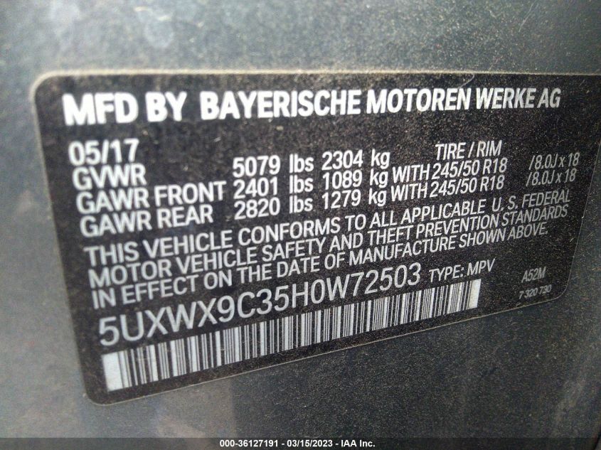 2017 BMW X3 XDRIVE28I - 5UXWX9C35H0W72503