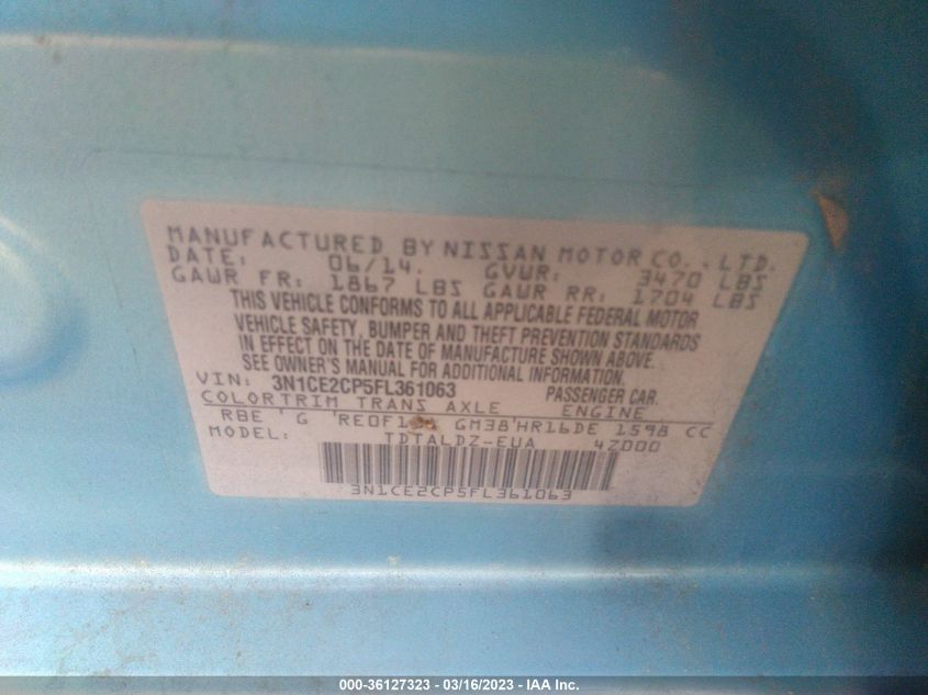 2015 NISSAN VERSA NOTE S/S PLUS/SV/SR/SL 3N1CE2CP5FL361063