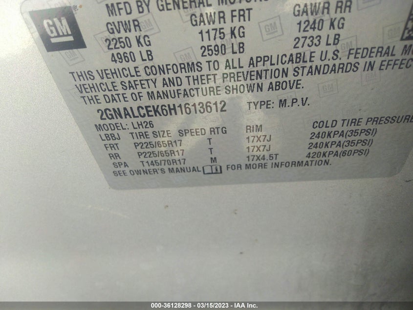 VIN 2GNALCEK6H1613612 2017 CHEVROLET EQUINOX LT