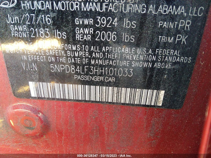 VIN 5NPD84LF3HH101033 2017 HYUNDAI ELANTRA SE
