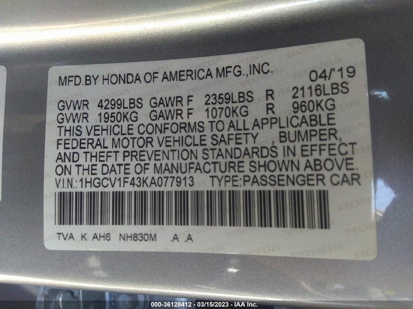 VIN 1HGCV1F43KA077913 2019 HONDA ACCORD SEDAN EX 1.5T