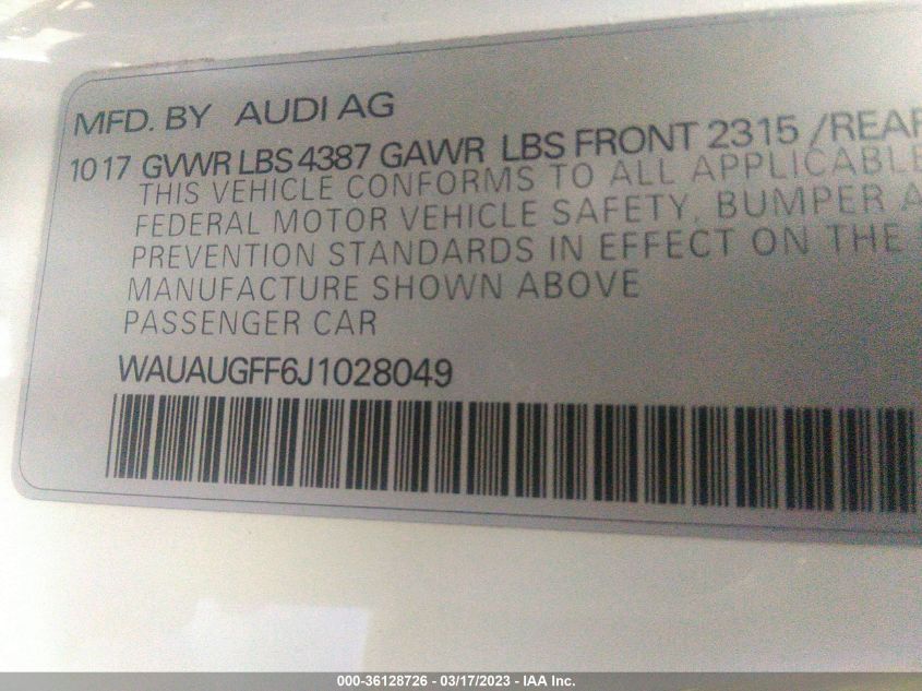 2018 AUDI A3 SEDAN PREMIUM/TECH PREMIUM - WAUAUGFF6J1028049