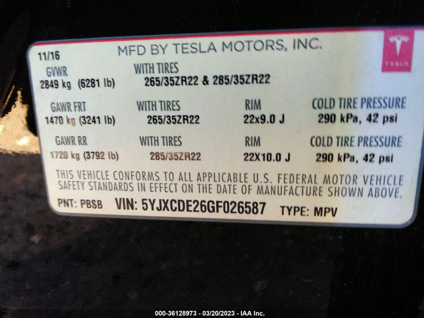 2016 TESLA MODEL X 70D/90D/75D/60D - 5YJXCDE26GF026587