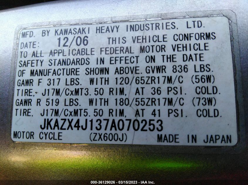 2007 KAWASAKI ZX600 J1 JKAZX4J137A070253