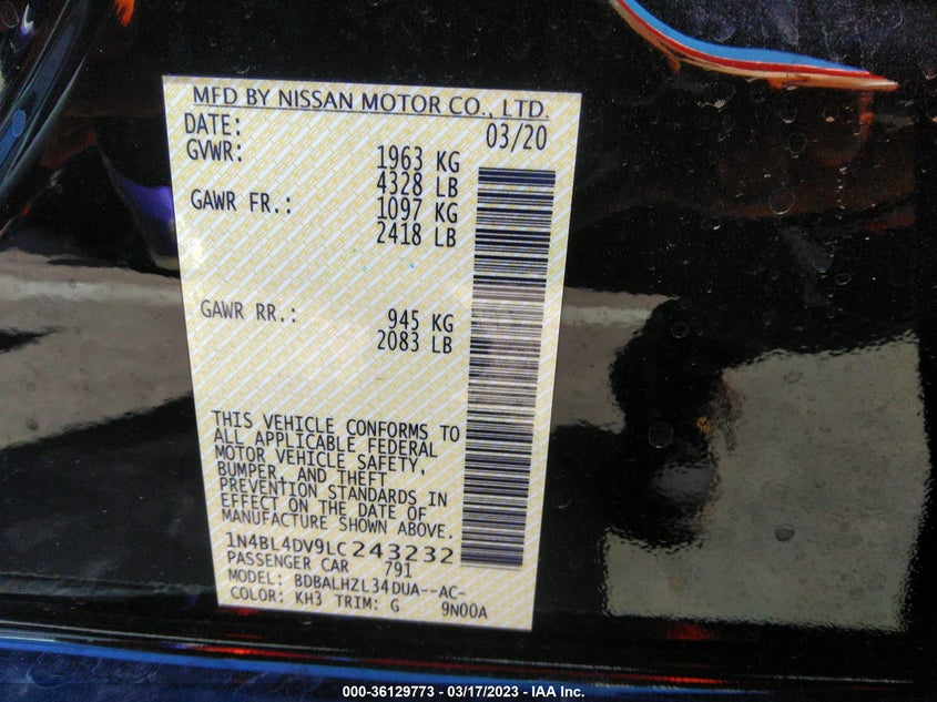 VIN 1N4BL4DV9LC243232 2020 NISSAN ALTIMA 2.5 SV