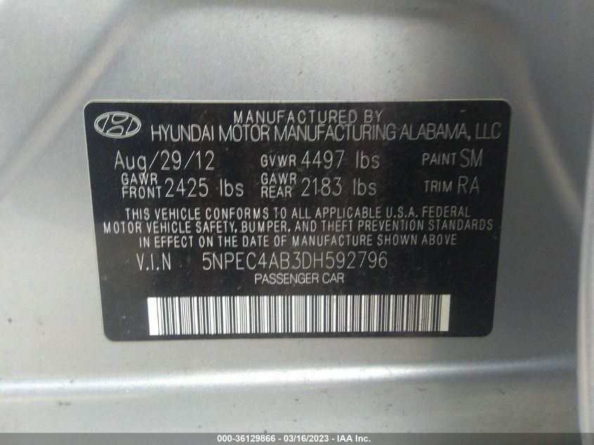 VIN 5NPEC4AB3DH592796 2013 HYUNDAI SONATA no.9