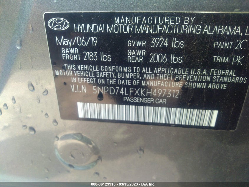 VIN 5NPD74LFXKH497312 2019 HYUNDAI ELANTRA SE