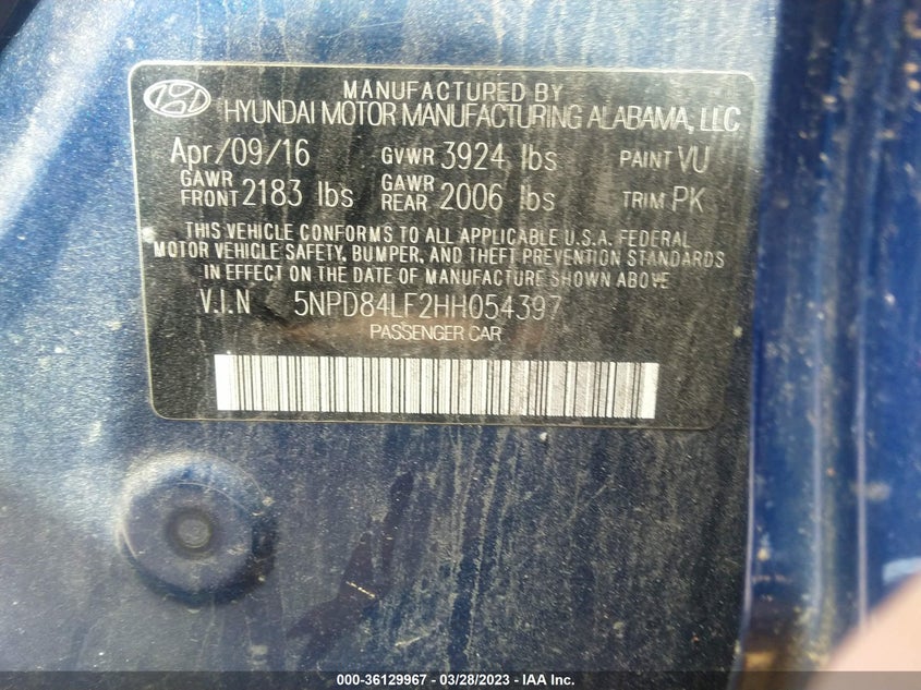 VIN 5NPD84LF2HH054397 2017 HYUNDAI ELANTRA SE