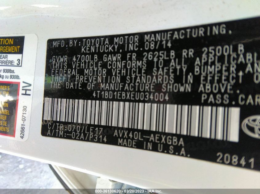 2014 TOYOTA AVALON HYBRID LIMITED/XLE TOURING 4T1BD1EBXEU034004