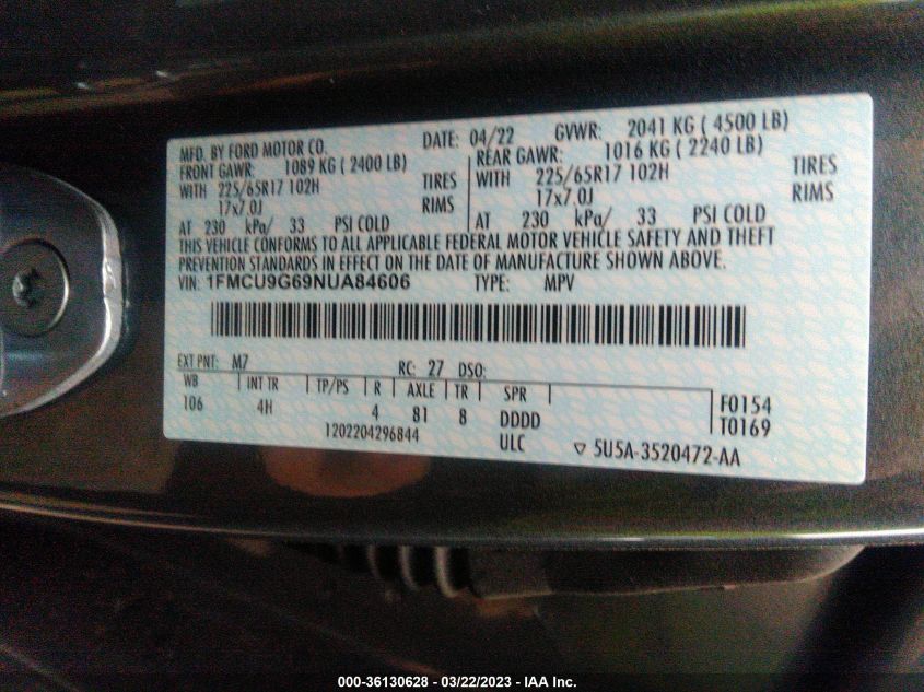 2022 FORD ESCAPE SE - 1FMCU9G69NUA84606