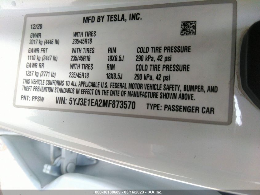 2021 TESLA MODEL 3 STANDARD RANGE PLUS - 5YJ3E1EA2MF873570