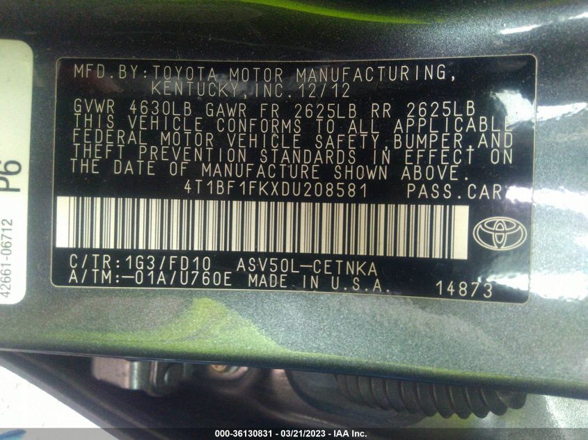 2013 TOYOTA CAMRY L/LE/SE/XLE - 4T1BF1FKXDU208581