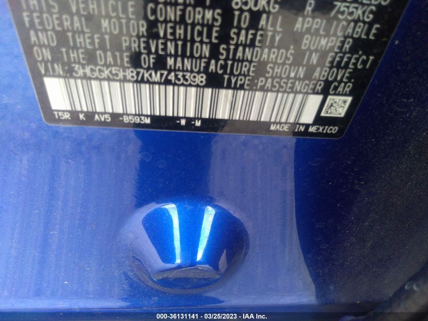 2019 HONDA FIT EX - 3HGGK5H87KM743398