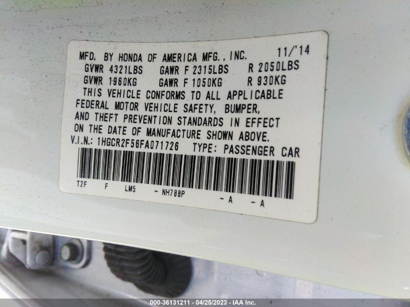 2015 HONDA ACCORD SEDAN SPORT - 1HGCR2F56FA071726