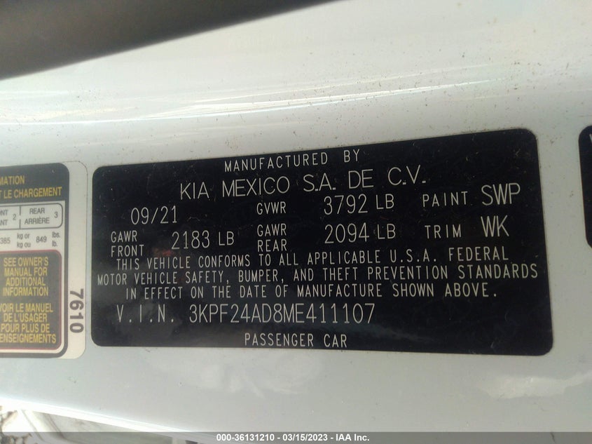 VIN 3KPF24AD8ME411107 2021 KIA FORTE LXS
