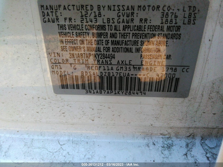 VIN 3N1AB7AP1KY284494 2019 NISSAN SENTRA SV