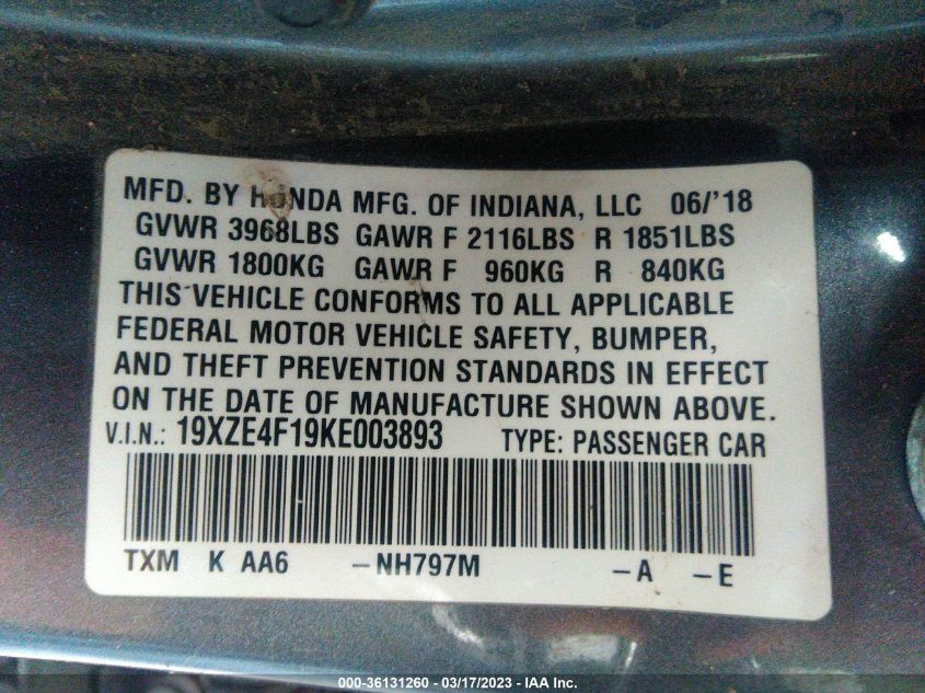 2019 HONDA INSIGHT LX 19XZE4F19KE003893
