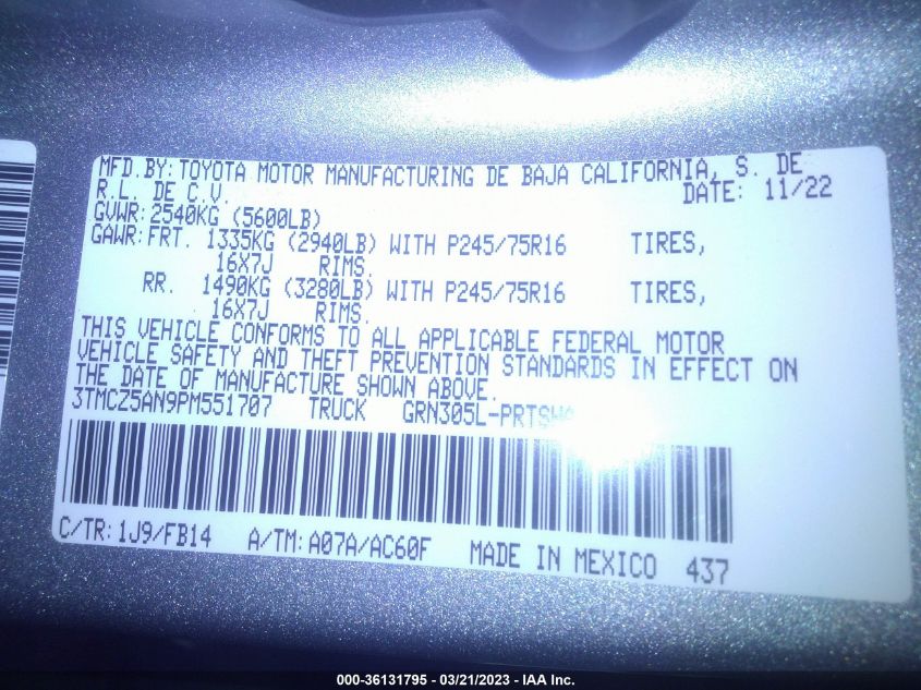 2023 TOYOTA TACOMA 4WD SR/SR5/TRD SPORT - 3TMCZ5AN9PM551707