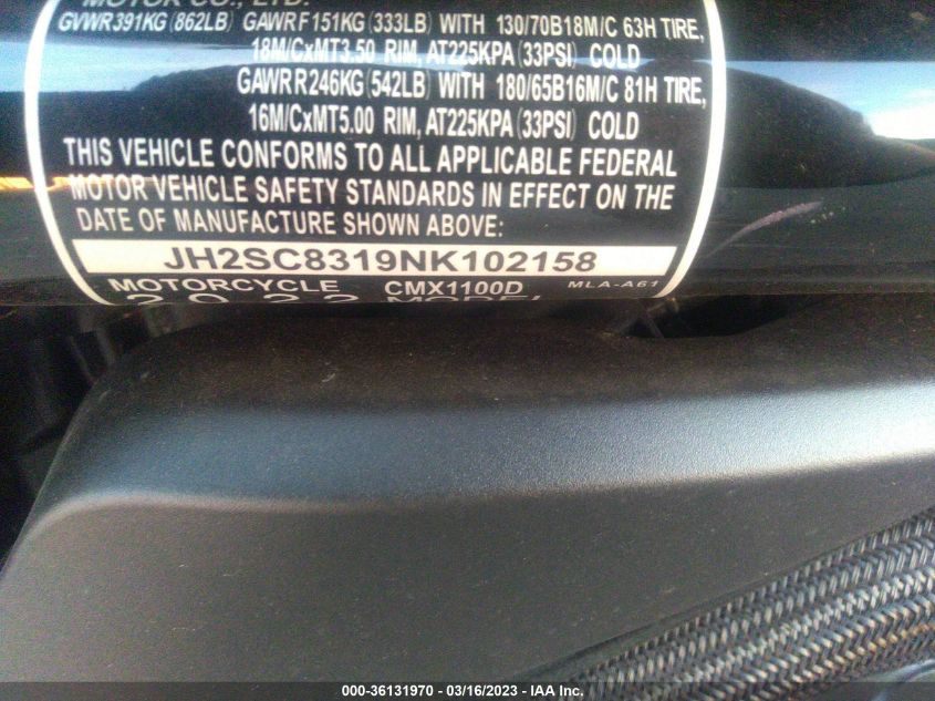 2022 HONDA CMX1100 D - JH2SC8319NK102158