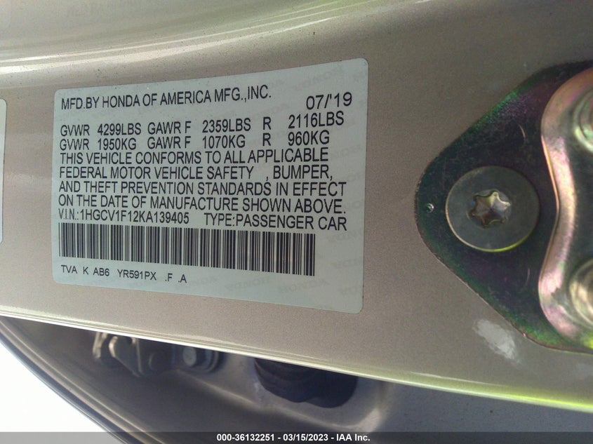 VIN 1HGCV1F12KA139405 2019 HONDA ACCORD SEDAN LX 1.5T