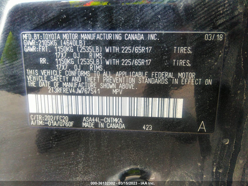 VIN 2T3RFREV4JW767541 2018 TOYOTA RAV4 XLE/ADVENTURE
