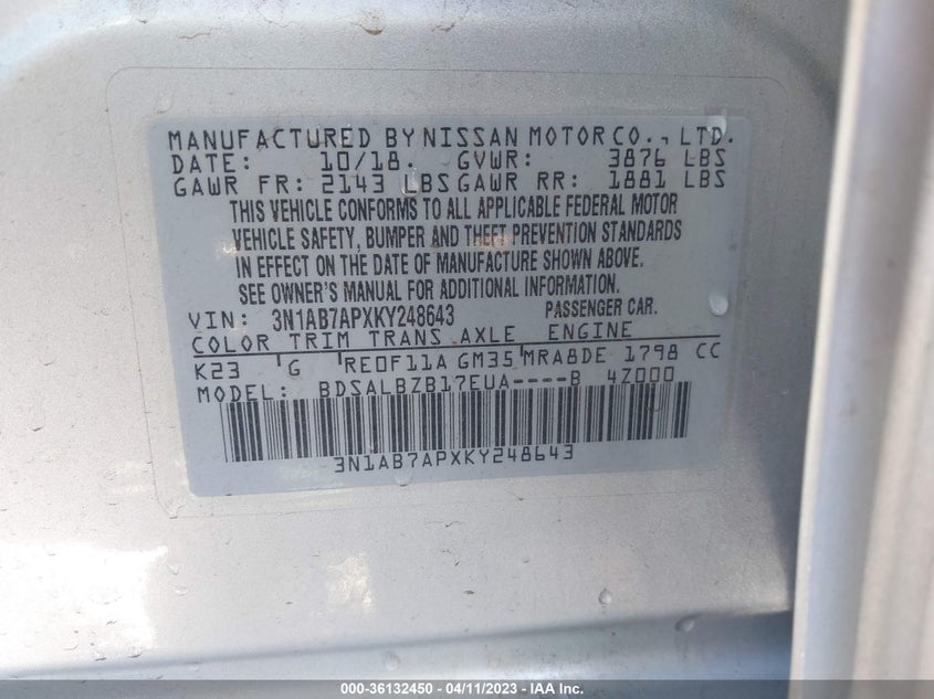 VIN 3N1AB7APXKY248643 2019 NISSAN SENTRA S