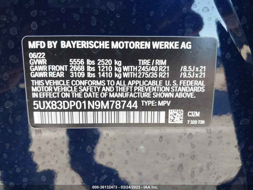 VIN 5UX83DP01N9M78744 2022 BMW X3 M40I