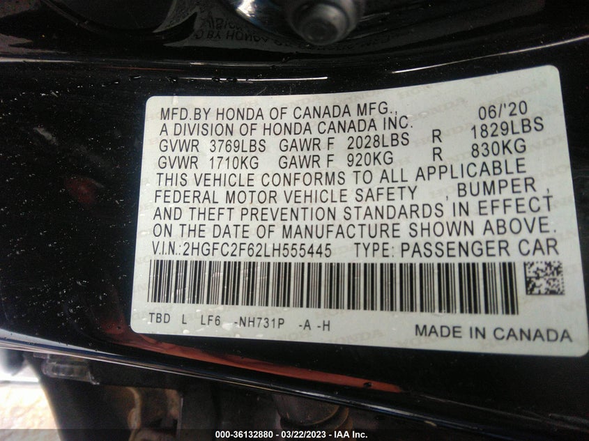 VIN 2HGFC2F62LH555445 2020 HONDA CIVIC SEDAN LX