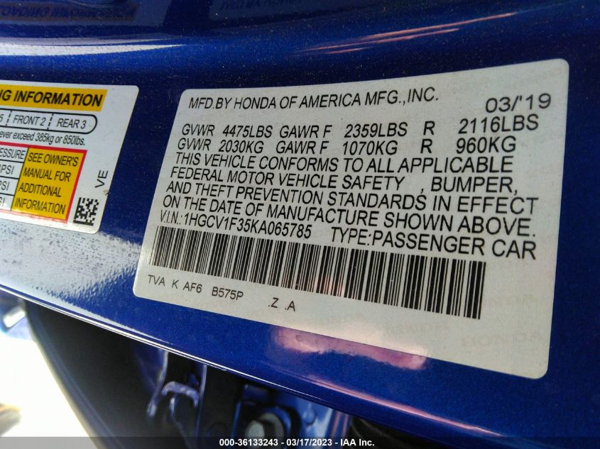 2019 HONDA ACCORD SEDAN SPORT 1.5T - 1HGCV1F35KA065785