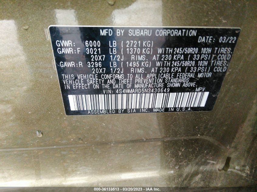 2022 SUBARU ASCENT TOURING - 4S4WMARD5N3430649