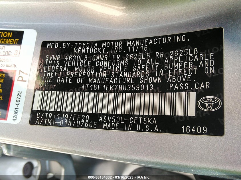 VIN 4T1BF1FK7HU359013 2017 TOYOTA CAMRY XLE/SE/LE/XSE