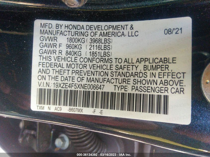 2022 HONDA INSIGHT EX 19XZE4F5XNE006647