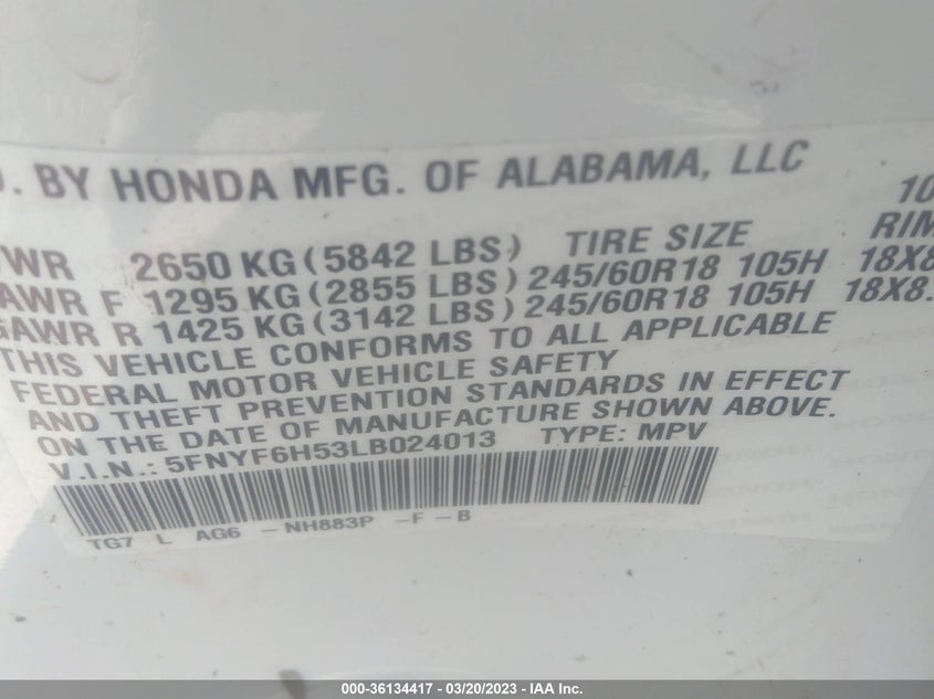 VIN 5FNYF6H53LB024013 2020 HONDA PILOT EX-L