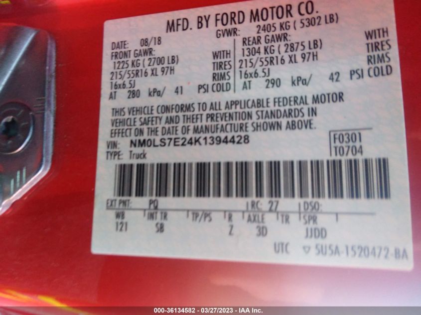 2019 FORD TRANSIT CONNECT VAN XL NM0LS7E24K1394428