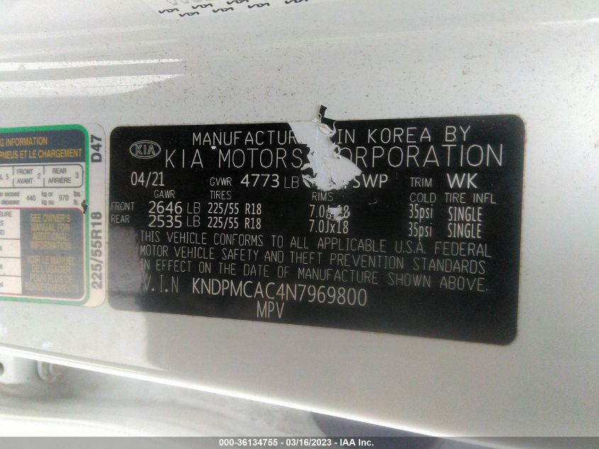 VIN KNDPMCAC4N7969800 2022 KIA SPORTAGE LX
